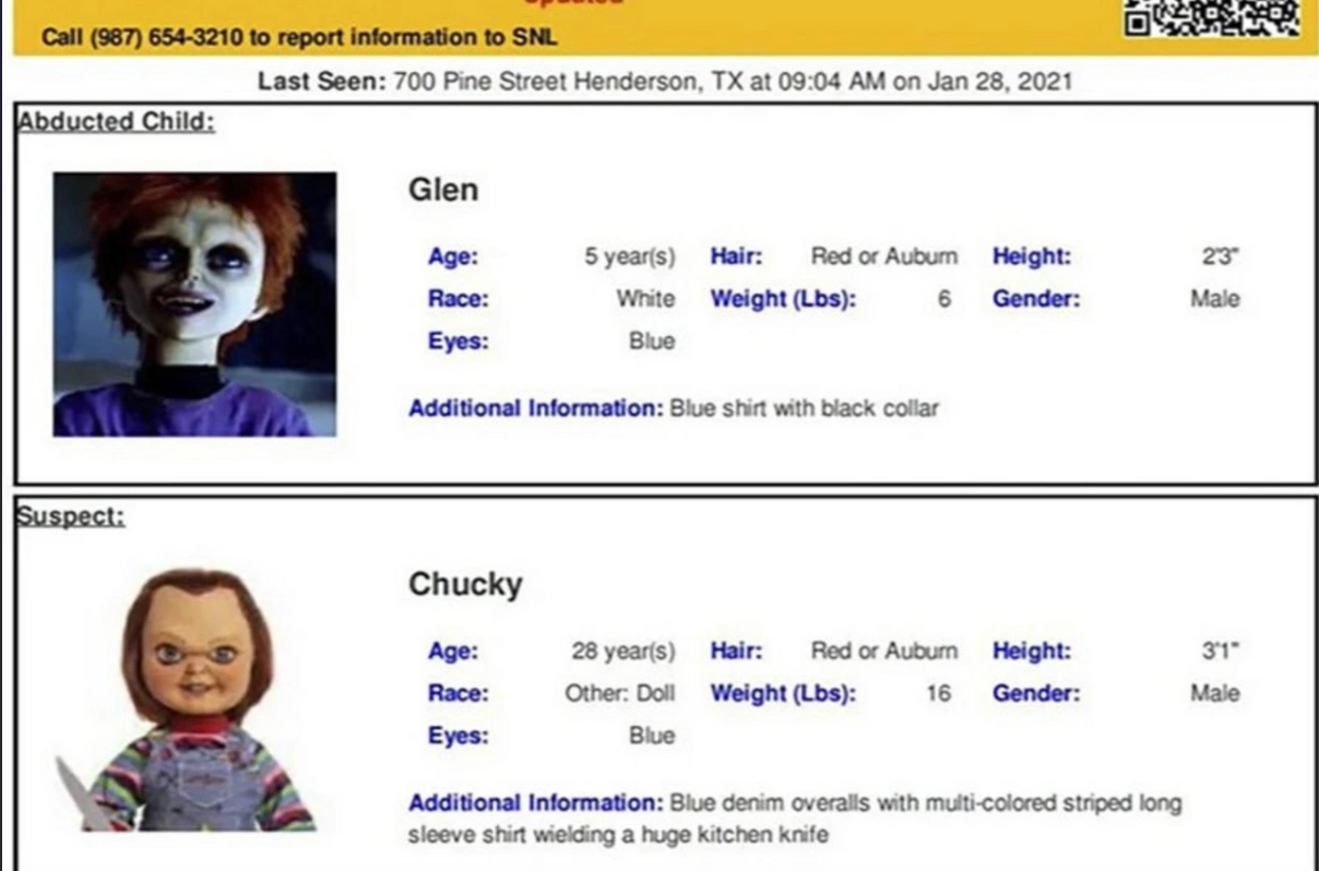 La bambola Chucky di 'Child's Play' è stata segnalata in un avviso di ambra dopo un 'malfunzionamento'